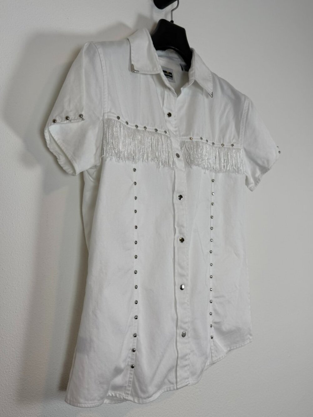 Panhandle Slim White Western Fringe Studded Short Sleeve Shirt Size Small